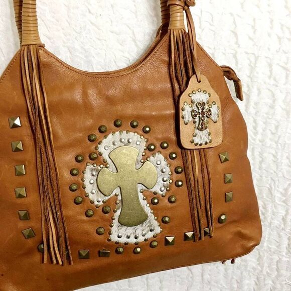 Ohh! Ashley Cross Design Brown/Tan Leather Bag - Picture 5 of 13